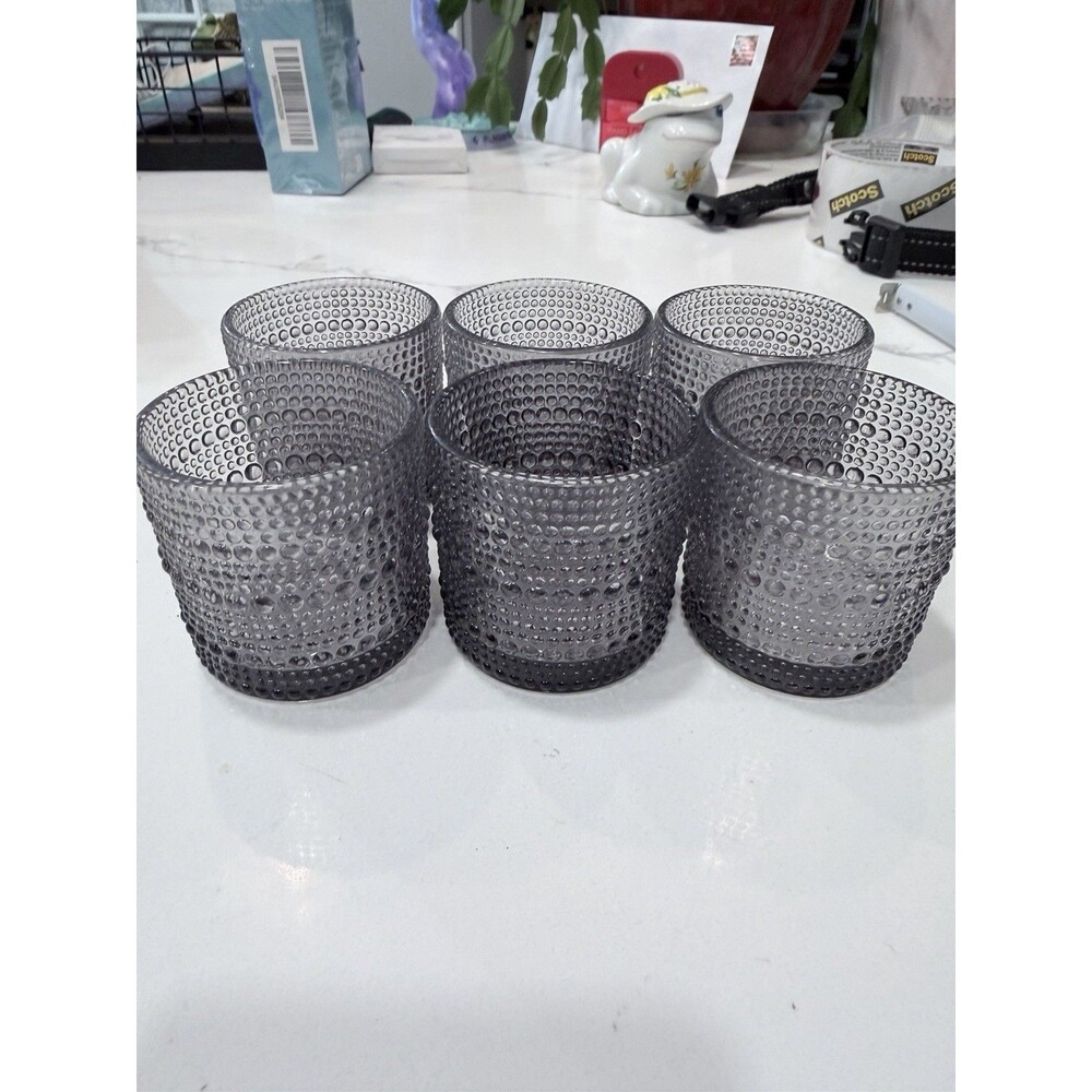 Set of 6 Smoke Gray Hobnail Glass Votive Candle Holders Tealight Decor